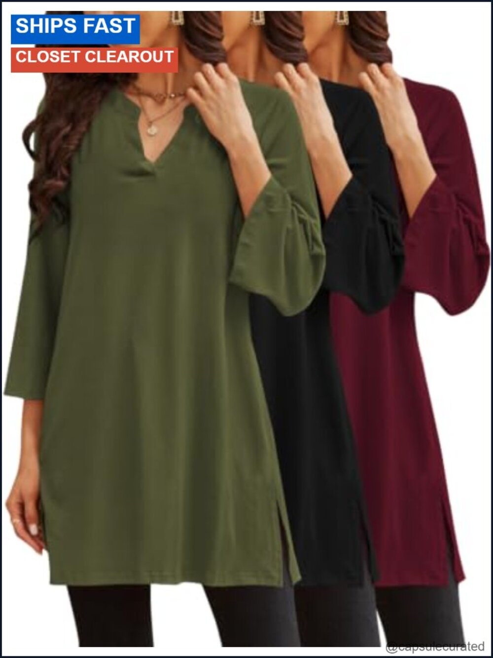 3 Pack Women's 3/4 Sleeve Tunic Tops for Leggings, Side Slit Loose Fit Shirts